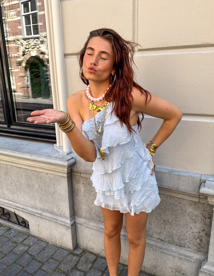 Mini Kleid Damen Rüschen Asymmetrisch Schulterträger Casual Sommer