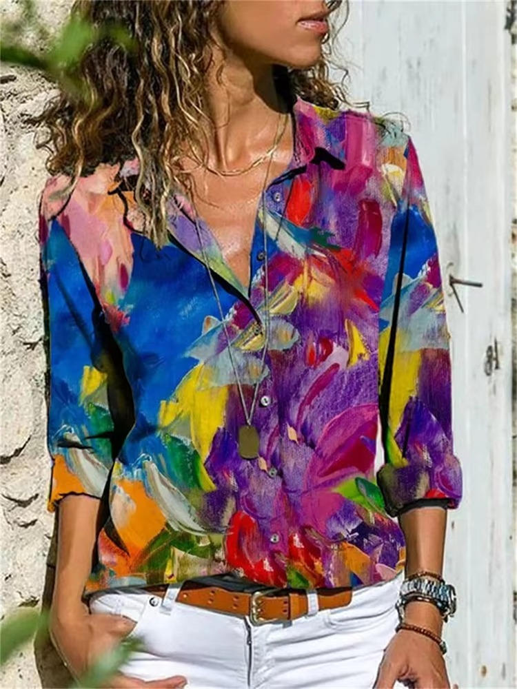 Frida | Damen Hemdbluse mit geometrischem Print, Langarm bunt
