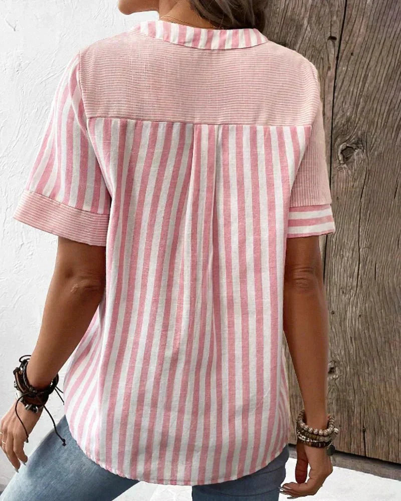 Lola | Damen T-Shirt Kurzarm Gestreift mit Knopfleiste