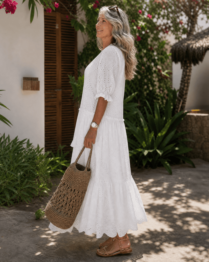Elkaline | Ösen-Spitzen Schicht V-Ausschnitt Midi-Kleid