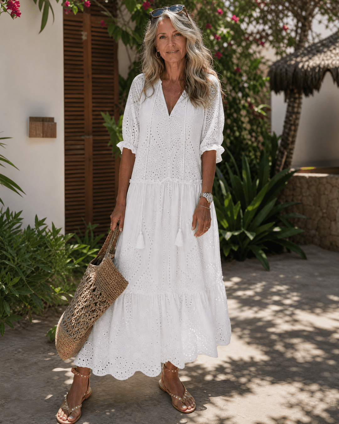 Elkaline | Ösen-Spitzen Schicht V-Ausschnitt Midi-Kleid