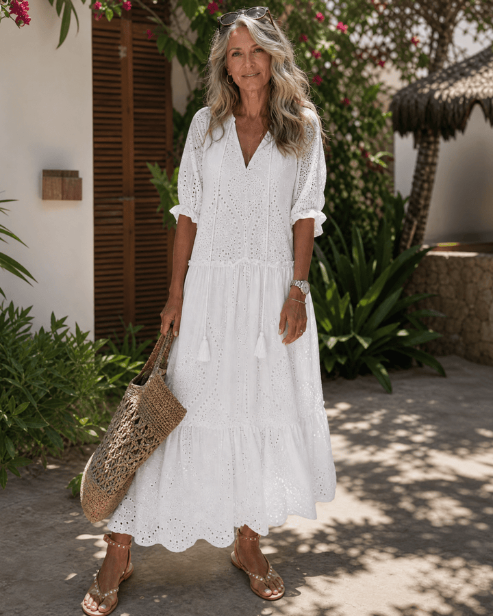Elkaline | Ösen-Spitzen Schicht V-Ausschnitt Midi-Kleid