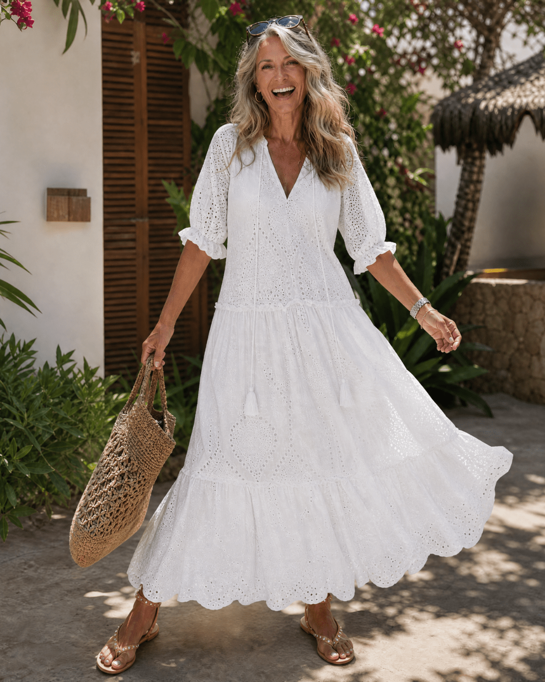 Elkaline | Ösen-Spitzen Schicht V-Ausschnitt Midi-Kleid