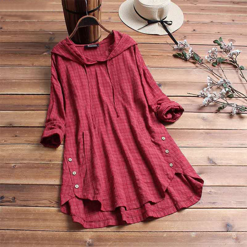 Amilla | Damen Kapuzenbluse Langarm Knöpfe Casual