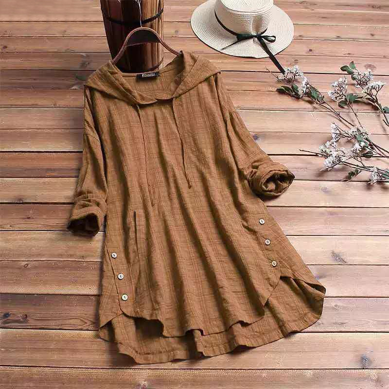 Amilla | Damen Kapuzenbluse Langarm Knöpfe Casual