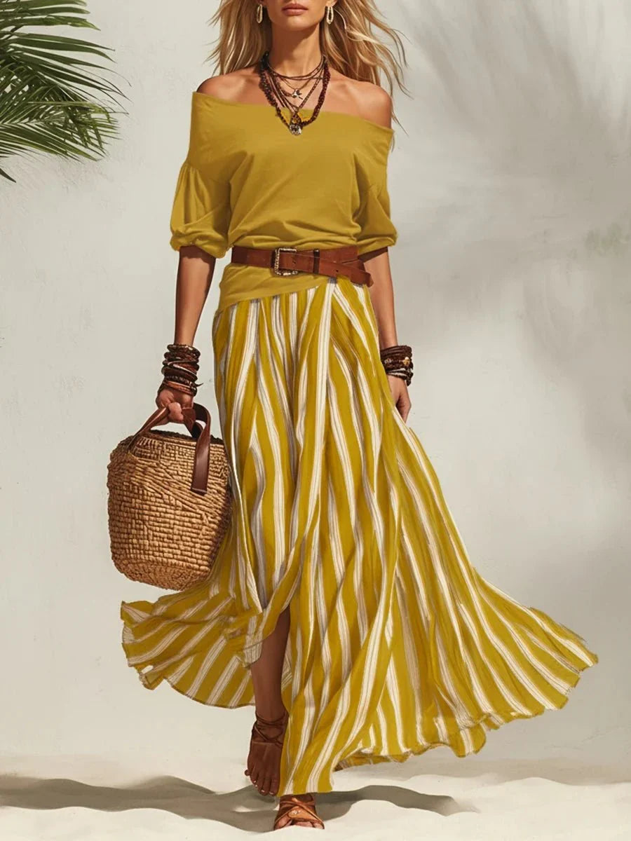 Bellas | Zweiteiliges Sommeroutfit mit Off-Shoulder-Top & Gestreifter Rock (Inklusive Gürtel)
