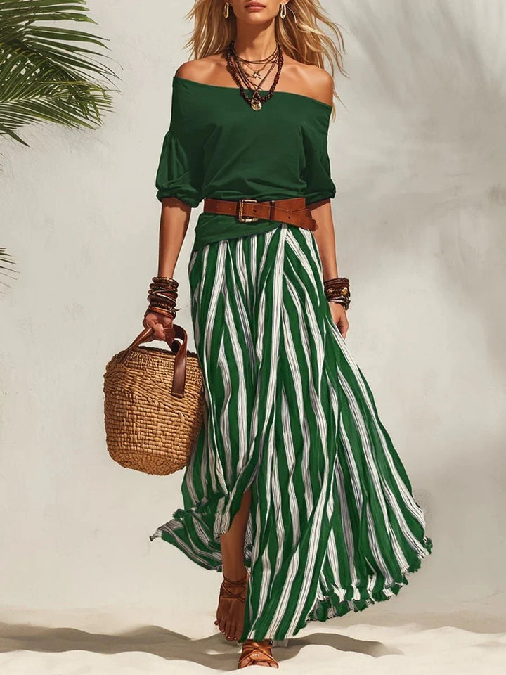 Bellas | Zweiteiliges Sommeroutfit mit Off-Shoulder-Top & Gestreifter Rock (Inklusive Gürtel)