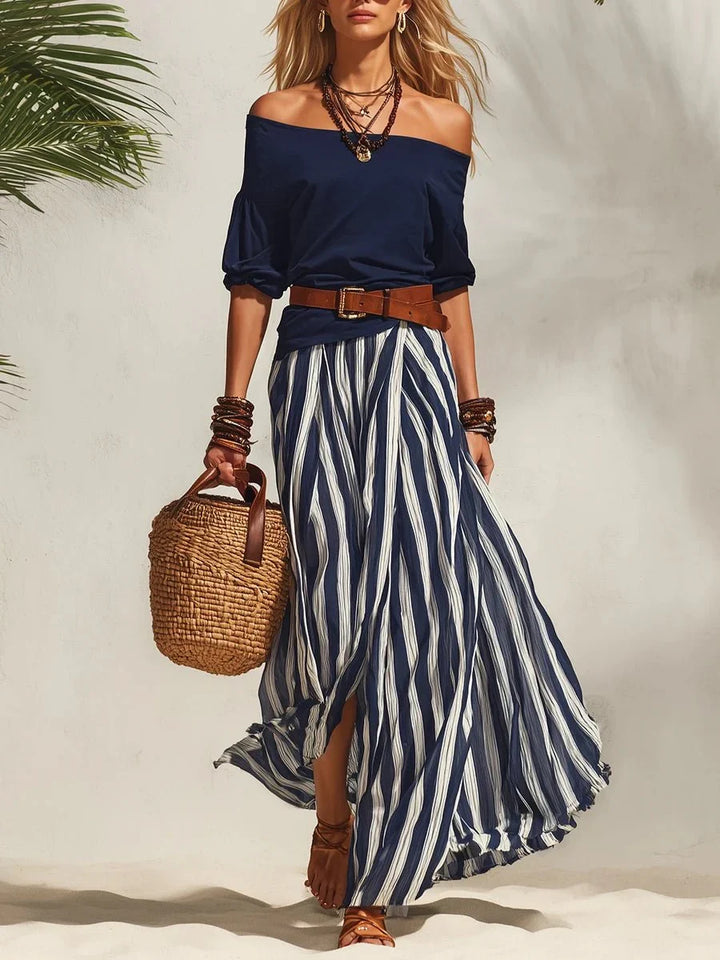 Bellas | Zweiteiliges Sommeroutfit mit Off-Shoulder-Top & Gestreifter Rock (Inklusive Gürtel)