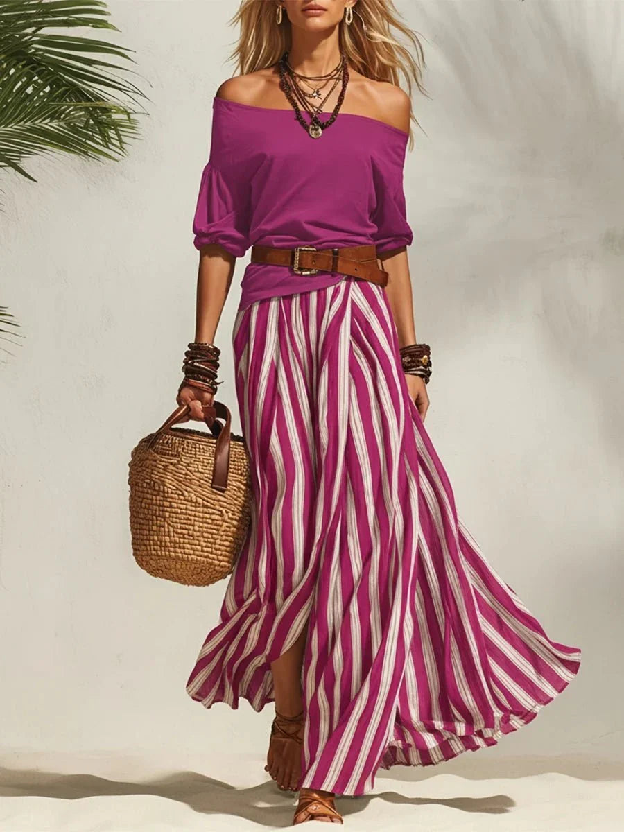 Bellas | Zweiteiliges Sommeroutfit mit Off-Shoulder-Top & Gestreifter Rock (Inklusive Gürtel)