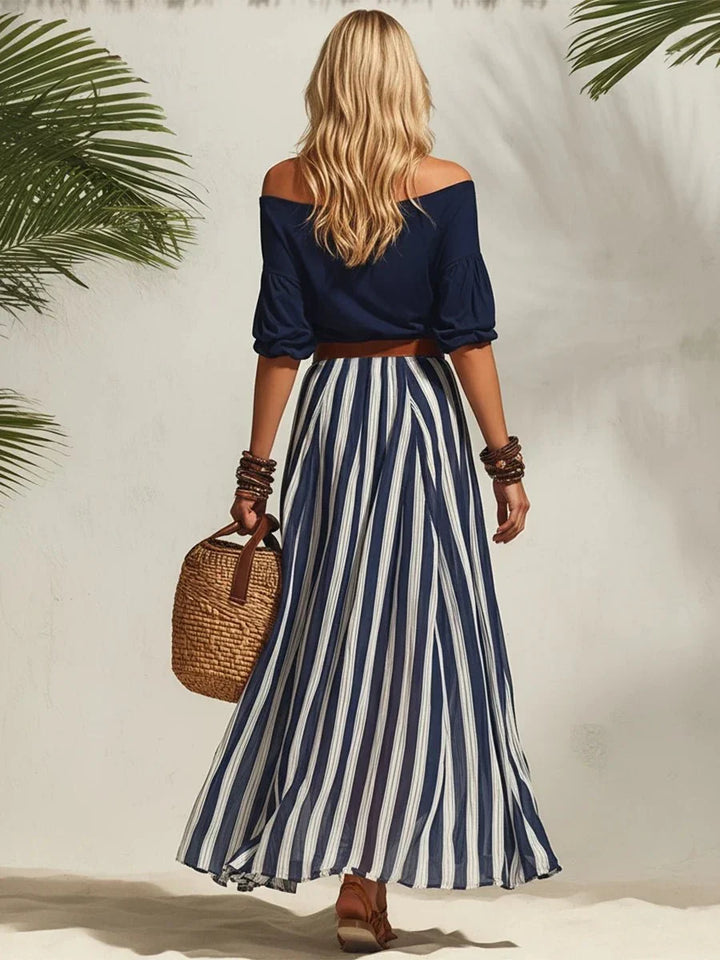 Bellas | Zweiteiliges Sommeroutfit mit Off-Shoulder-Top & Gestreifter Rock (Inklusive Gürtel)