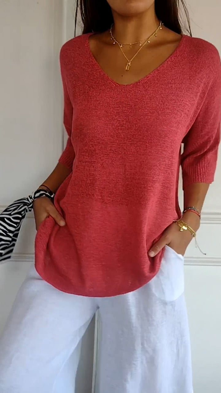 Tina | Damen pullover 3/4 Arm V-Ausschnitt Übergroß Koralle