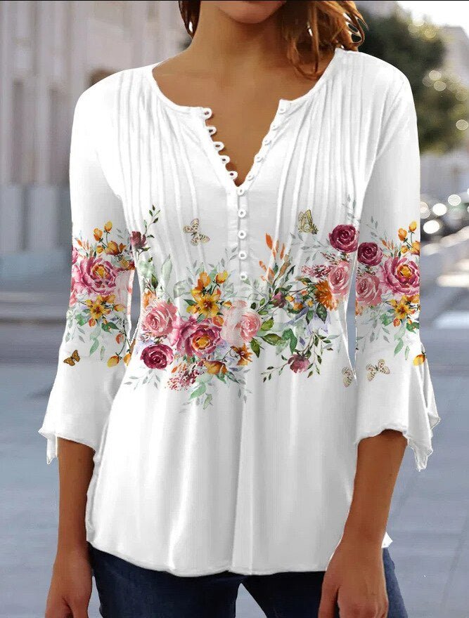 Karoline | Damen Bluse Blumendruck 3/4-Arm V-Ausschnitt