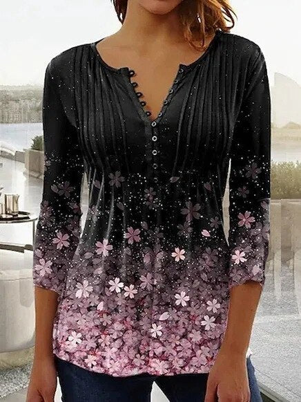 Karoline | Damen Bluse Blumendruck 3/4-Arm V-Ausschnitt