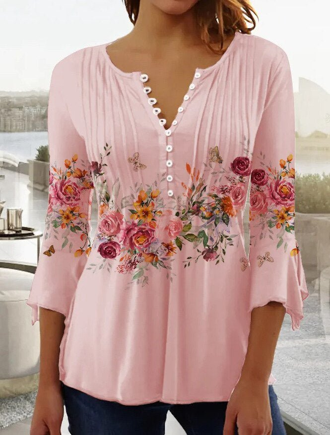 Karoline | Damen Bluse Blumendruck 3/4-Arm V-Ausschnitt