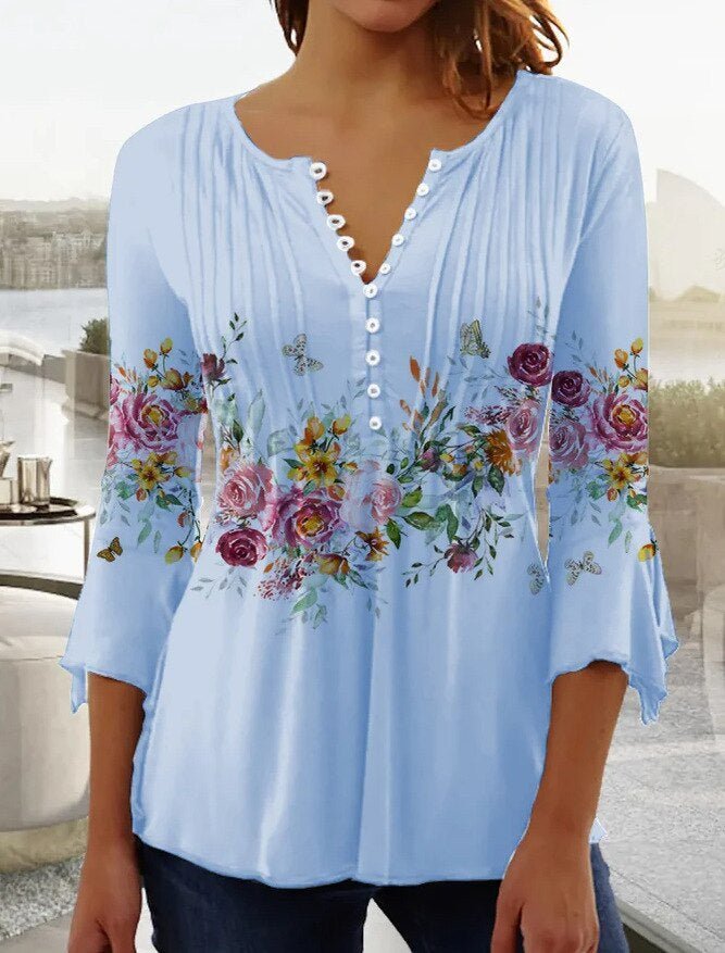 Karoline | Damen Bluse Blumendruck 3/4-Arm V-Ausschnitt