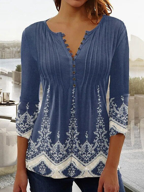 Karoline | Damen Bluse Blumendruck 3/4-Arm V-Ausschnitt