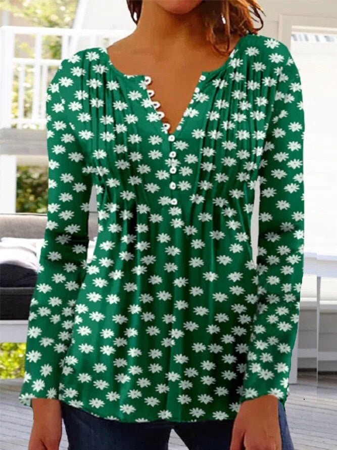 Karoline | Damen Bluse Blumendruck 3/4-Arm V-Ausschnitt