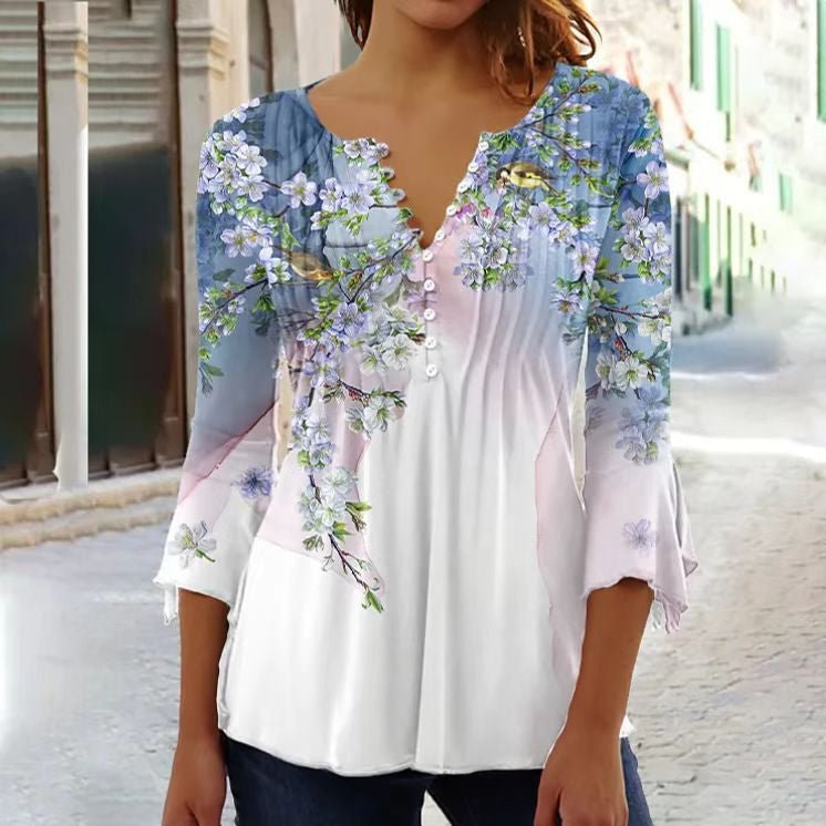 Karoline | Damen Bluse Blumendruck 3/4-Arm V-Ausschnitt