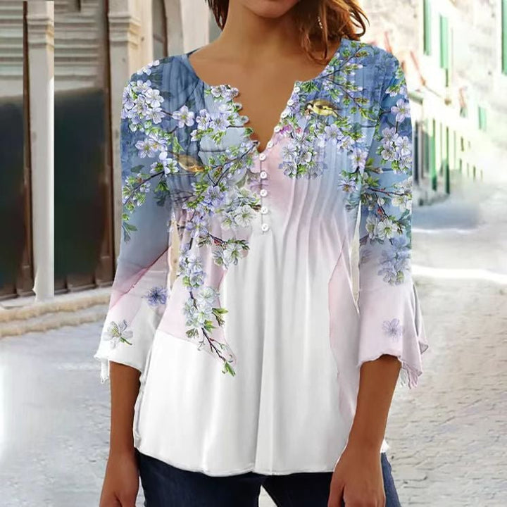 Karoline | Damen Bluse Blumendruck 3/4-Arm V-Ausschnitt
