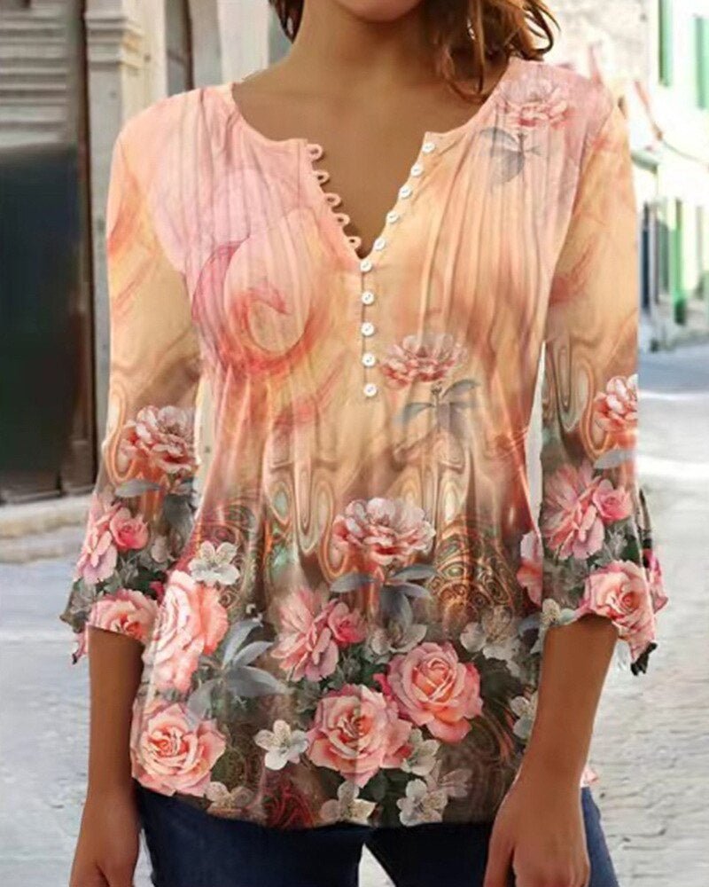 Karoline | Damen Bluse Blumendruck 3/4-Arm V-Ausschnitt