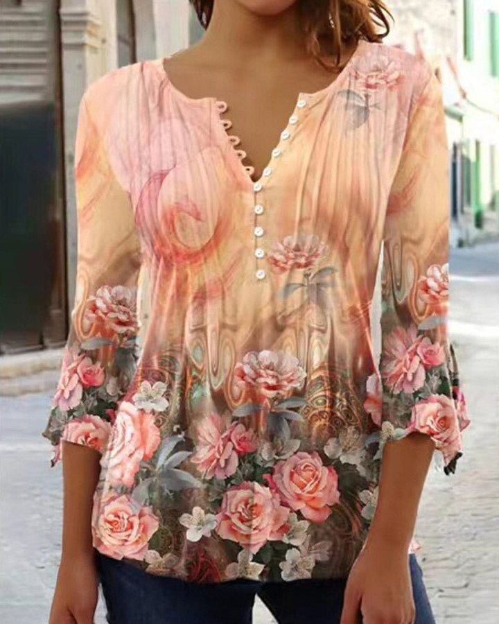 Karoline | Damen Bluse Blumendruck 3/4-Arm V-Ausschnitt