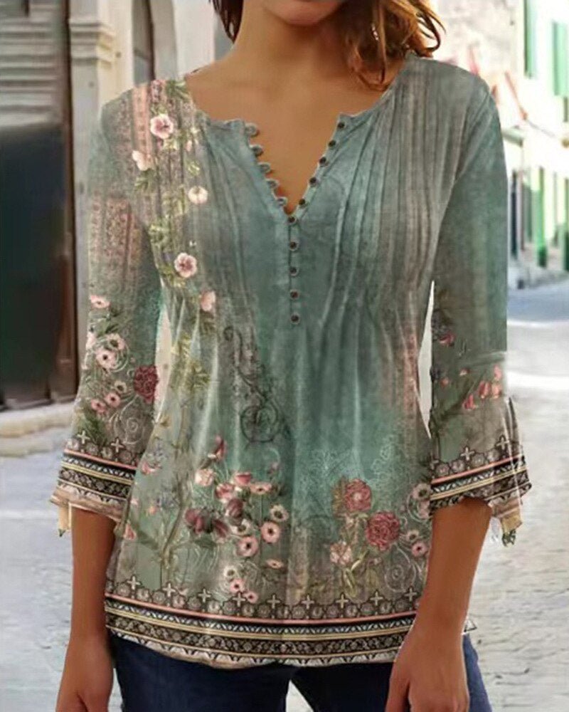 Karoline | Damen Bluse Blumendruck 3/4-Arm V-Ausschnitt