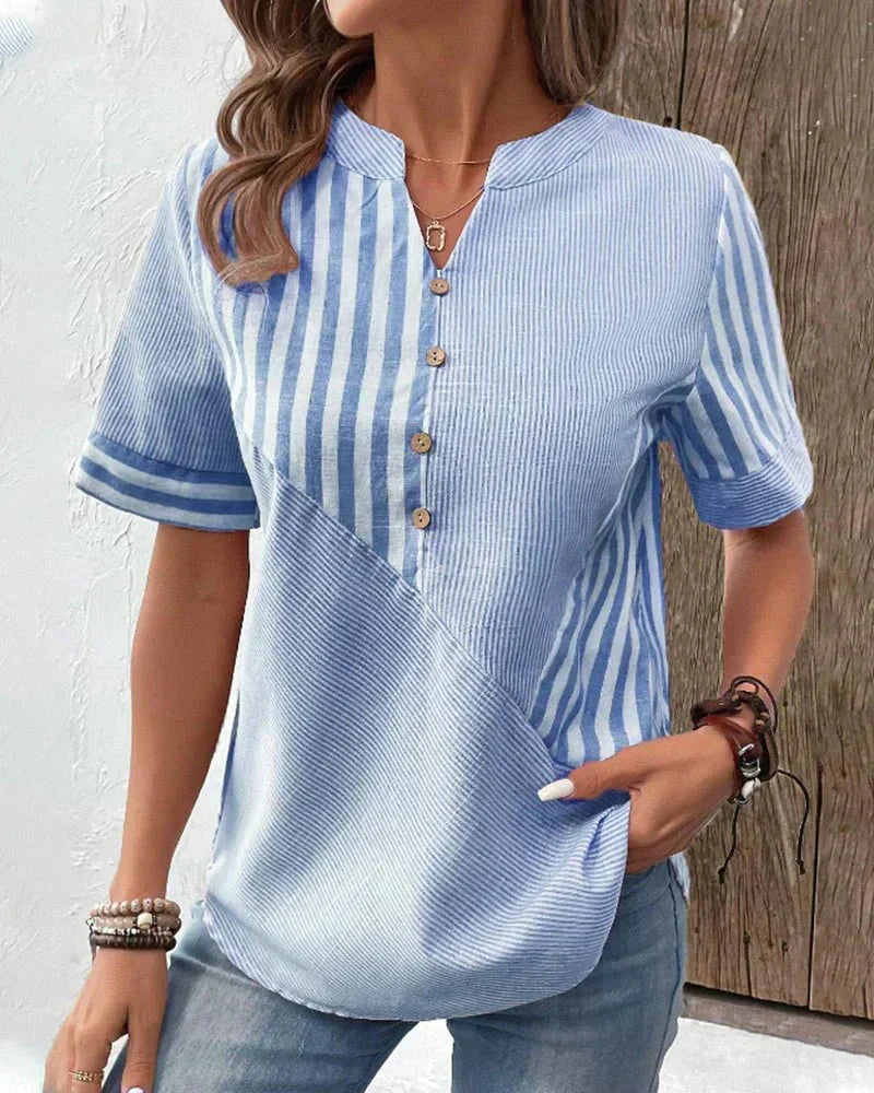 Lola | Damen T-Shirt Kurzarm Gestreift mit Knopfleiste