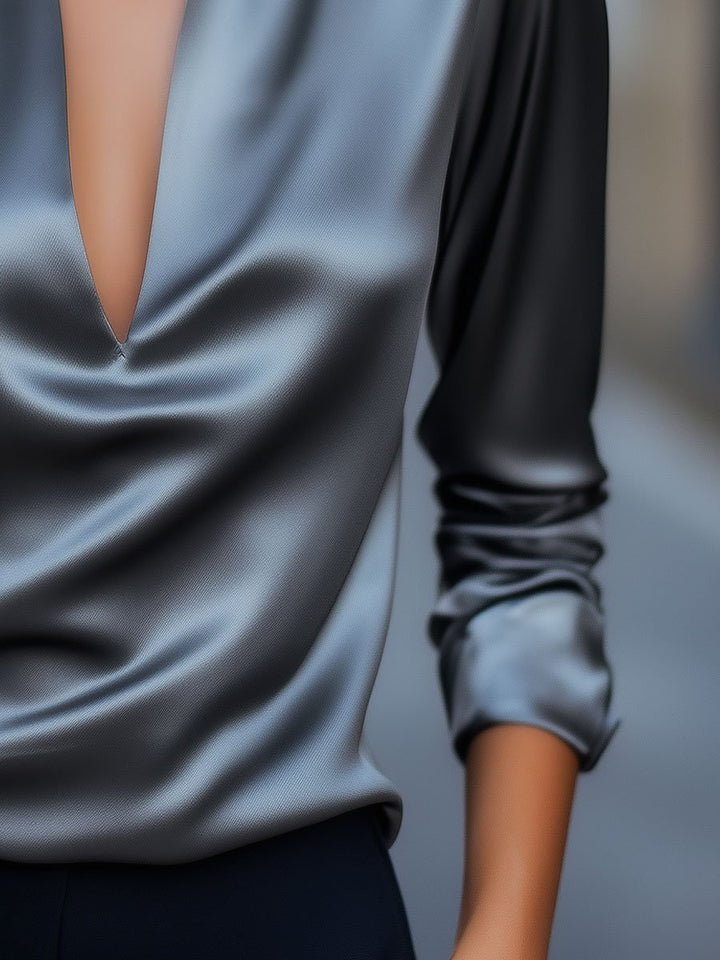 Pith | Damen Satinbluse V-Ausschnitt Hemdkragen Langarm