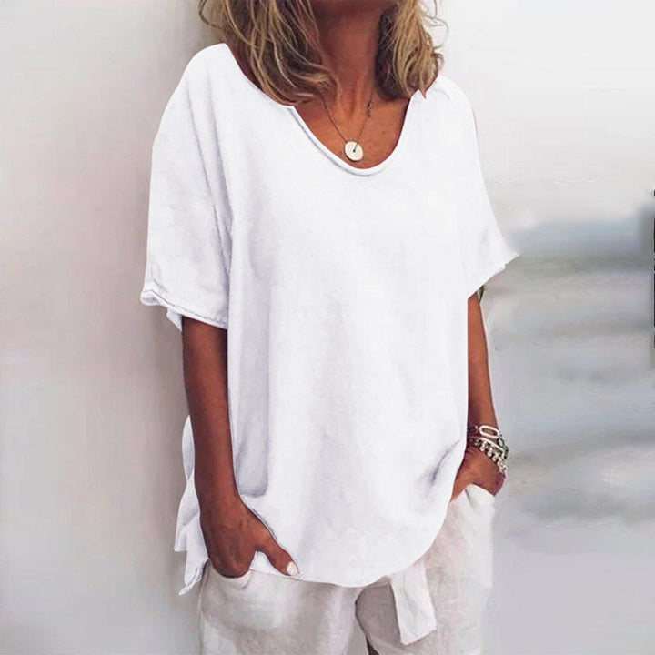 Vera | Damenbluse, kurze Ärmel, Oversize, Rundhalsausschnitt