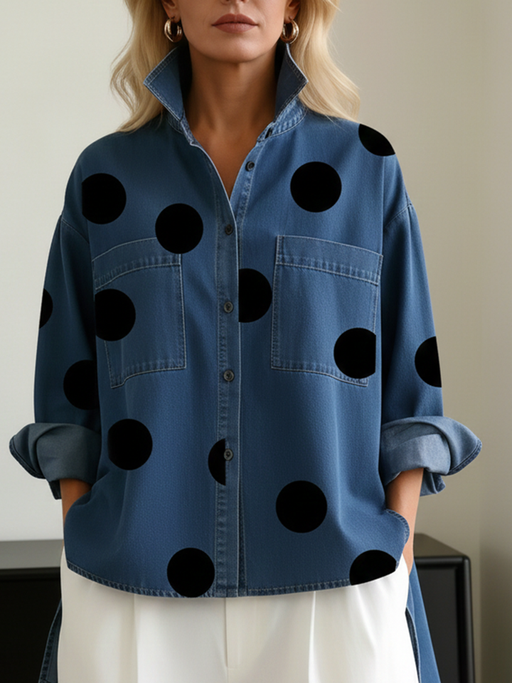 Nicolette | Damen Polka Dot Stehkragen Langarm Bluse