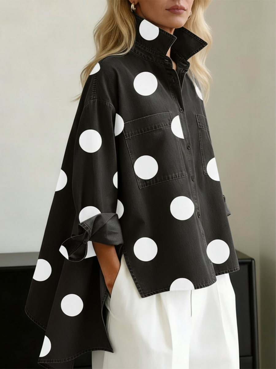 Nicolette | Damen Polka Dot Stehkragen Langarm Bluse