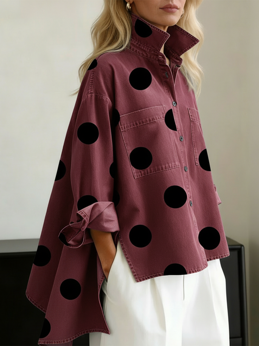 Nicolette | Damen Polka Dot Stehkragen Langarm Bluse