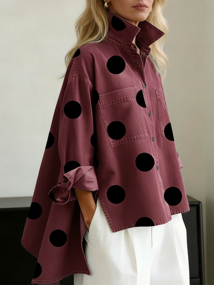 Nicolette | Damen Polka Dot Stehkragen Langarm Bluse
