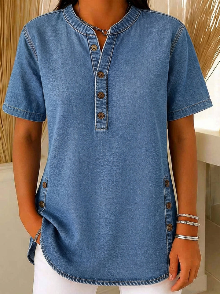 Nora | Damen Kurzarm Jeansbluse mit Knopfleiste