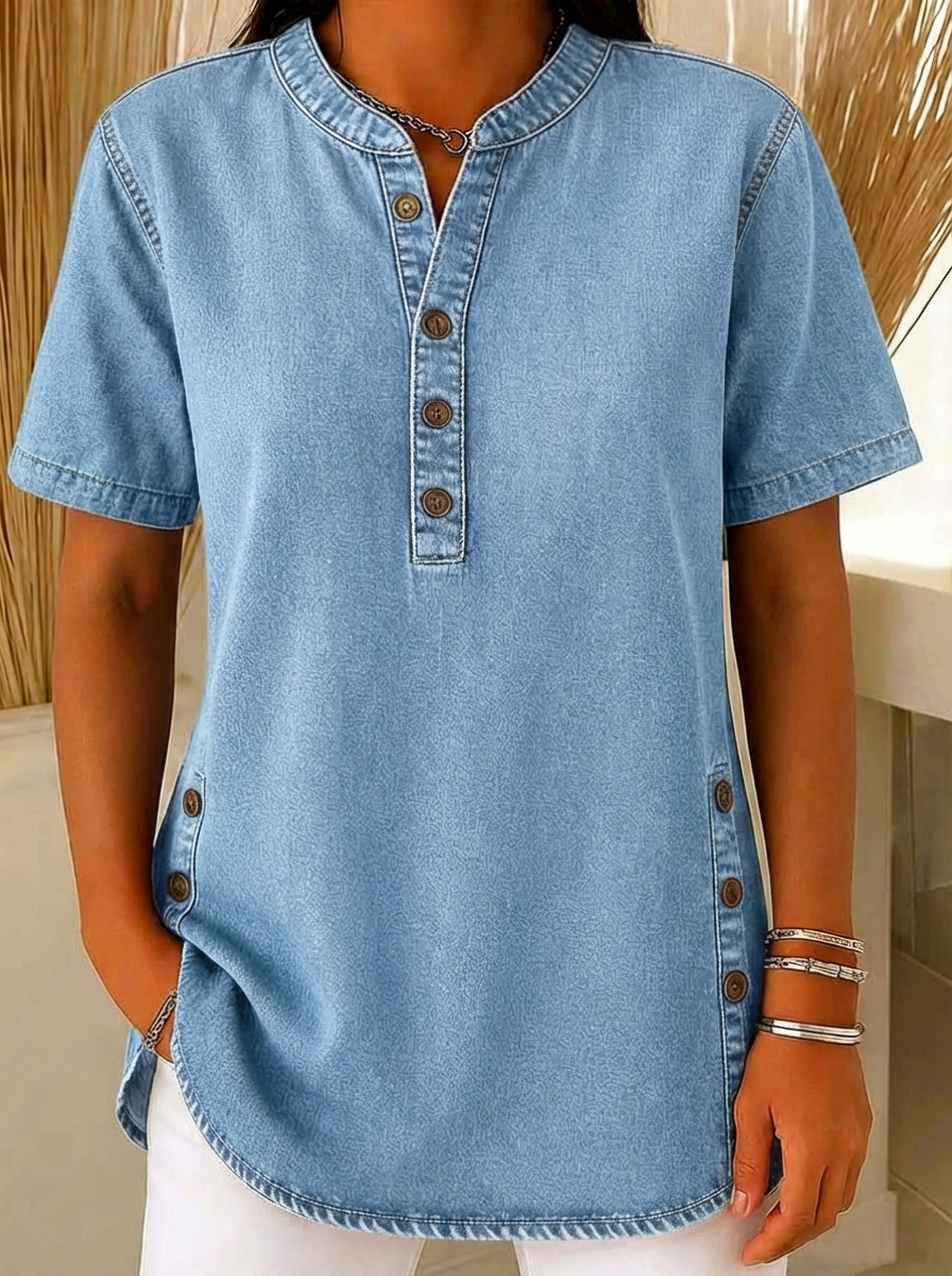 Nora | Damen Kurzarm Jeansbluse mit Knopfleiste