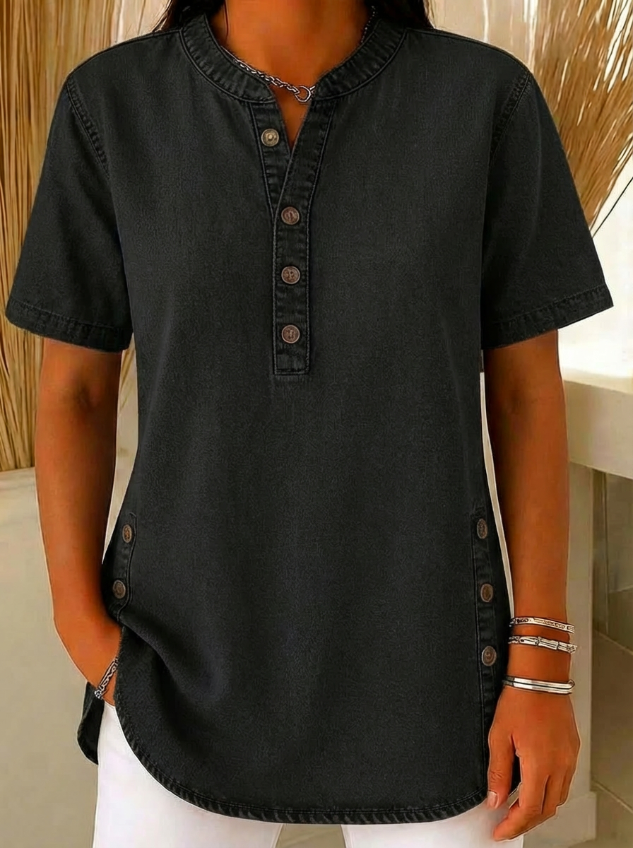 Nora | Damen Kurzarm Jeansbluse mit Knopfleiste
