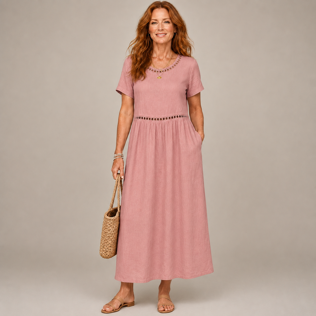 Pernelle™ | Midikleid aus 100% Baumwolle en Leinen mit sanfter Weiblichkeit bestickt