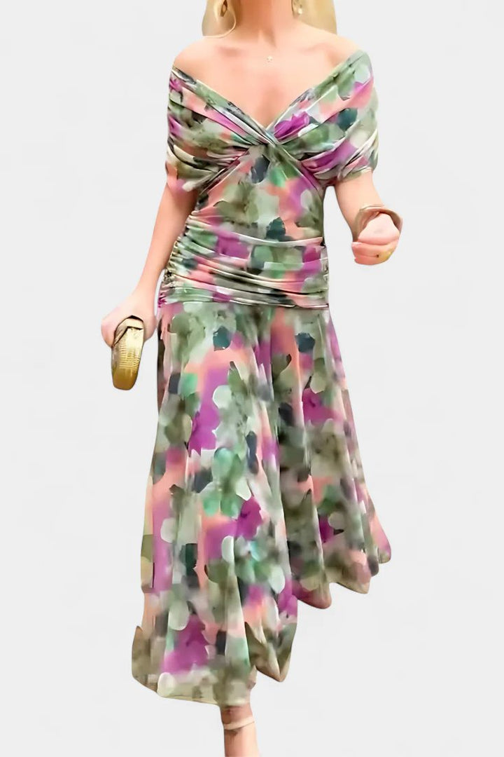 Lilo| Maxikleid mit V-Ausschnitt, Blumenstickerei und Falten