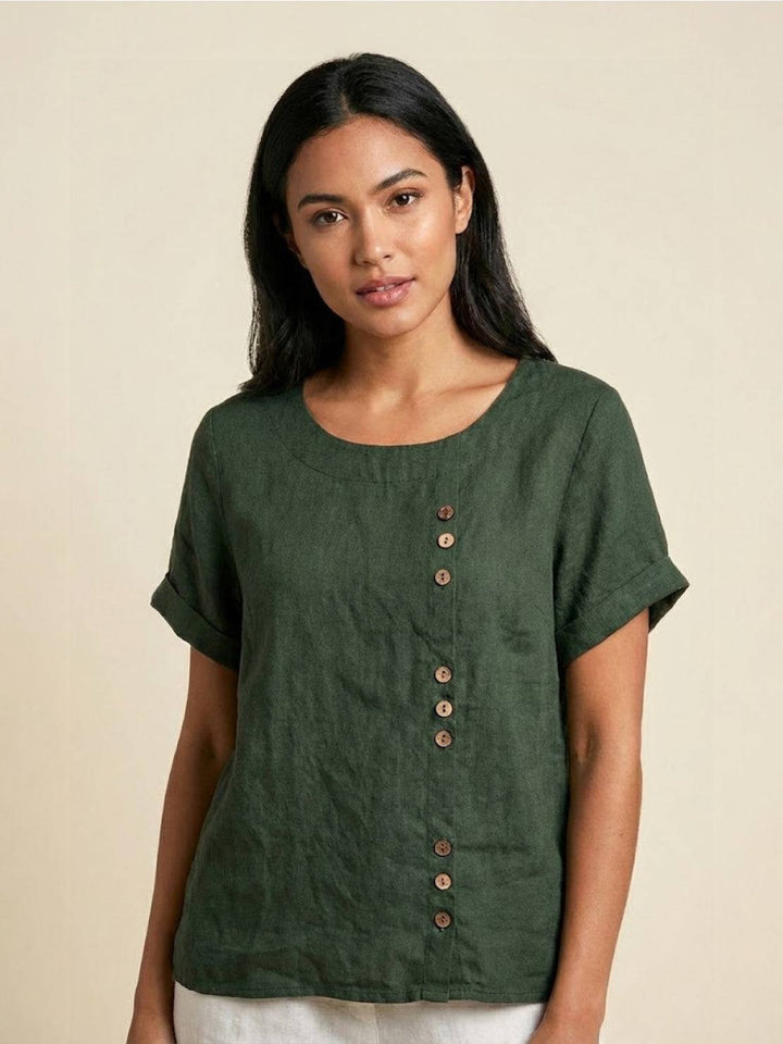 Fern | Damen bluse Kurzarm Rundhals Knopfdetail