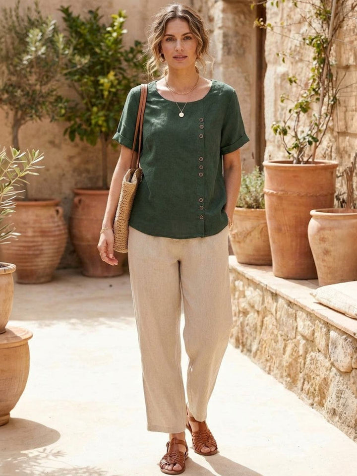 Fern | Damen bluse Kurzarm Rundhals Knopfdetail