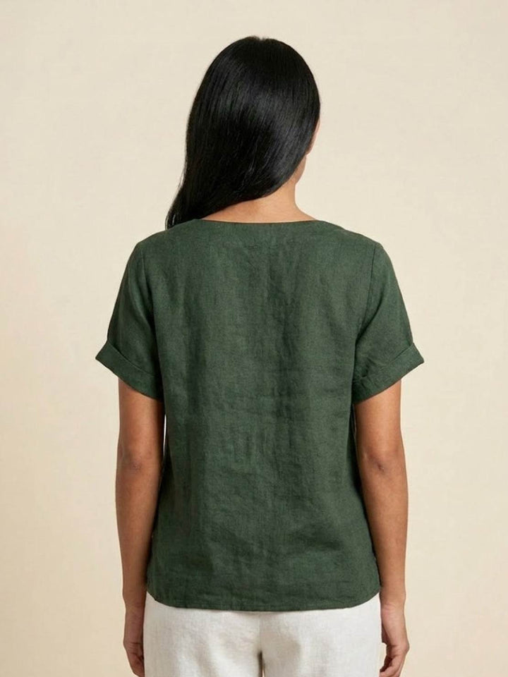 Fern | Damen bluse Kurzarm Rundhals Knopfdetail