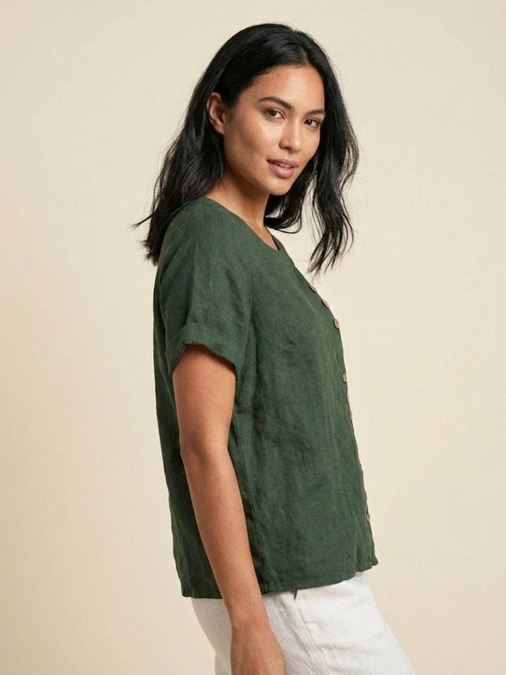 Fern | Damen bluse Kurzarm Rundhals Knopfdetail