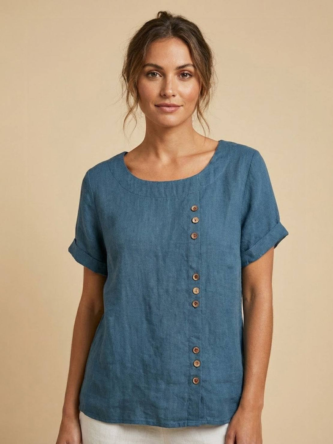 Fern | Damen bluse Kurzarm Rundhals Knopfdetail