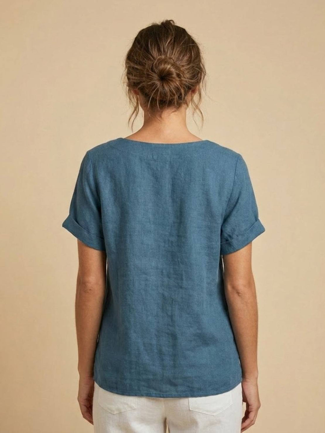 Fern | Damen bluse Kurzarm Rundhals Knopfdetail
