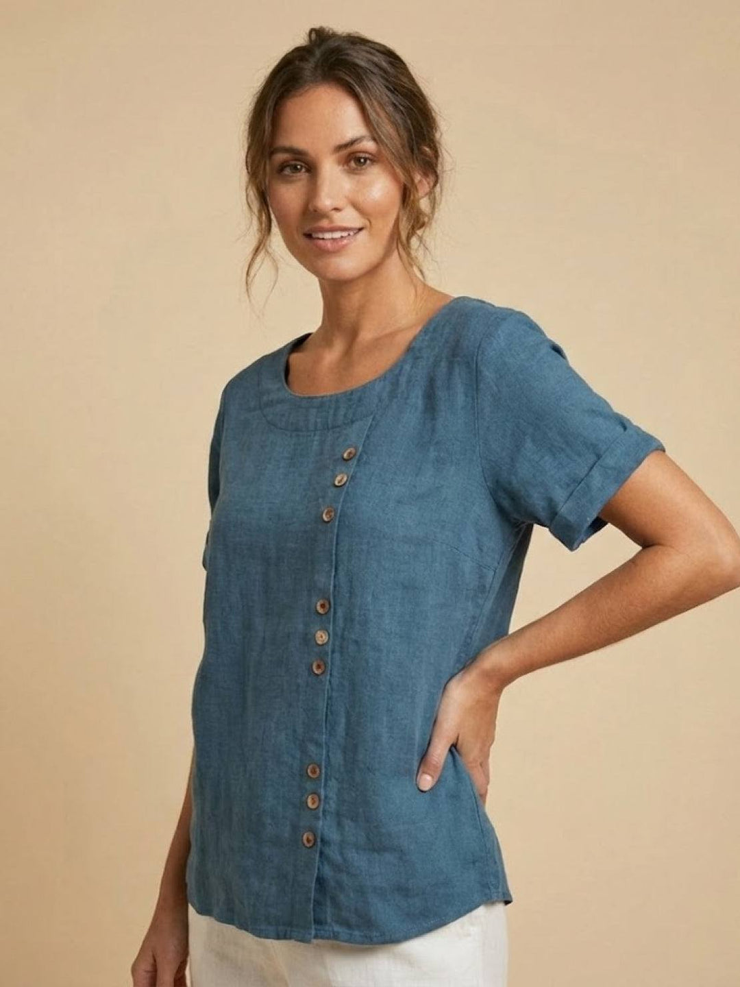 Fern | Damen bluse Kurzarm Rundhals Knopfdetail