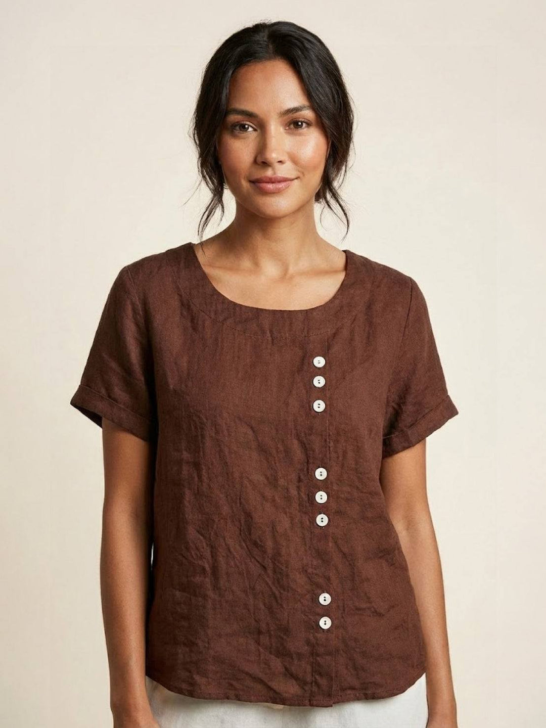 Fern | Damen bluse Kurzarm Rundhals Knopfdetail