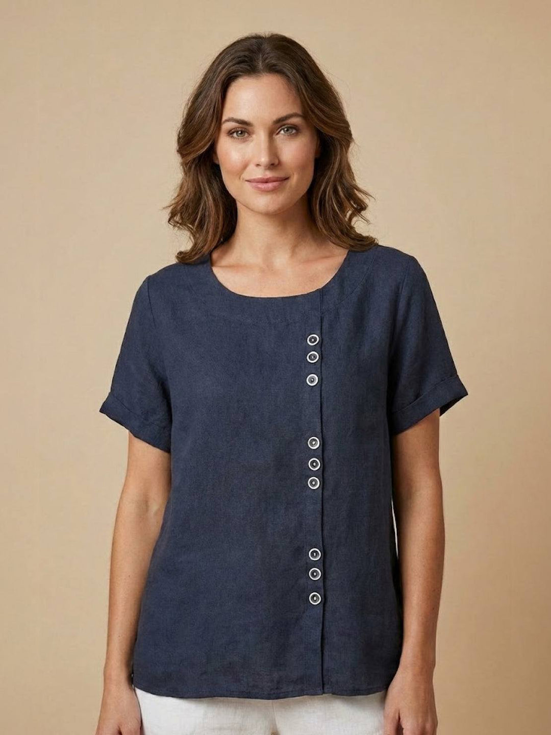 Fern | Damen bluse Kurzarm Rundhals Knopfdetail