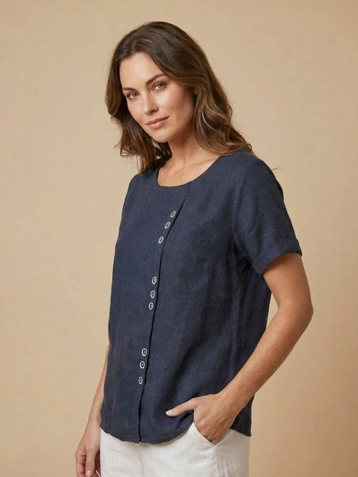 Fern | Damen bluse Kurzarm Rundhals Knopfdetail