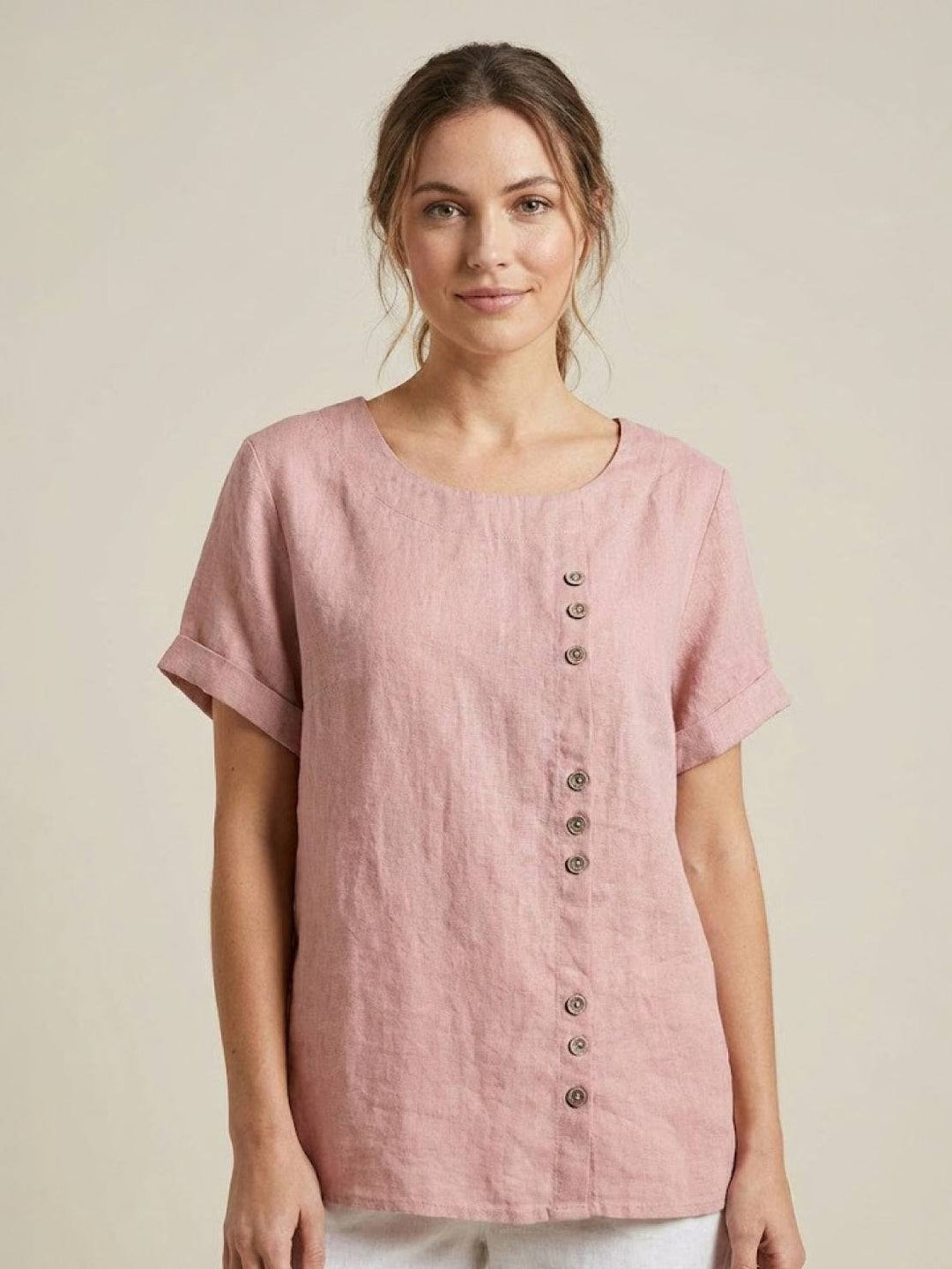 Fern | Damen bluse Kurzarm Rundhals Knopfdetail