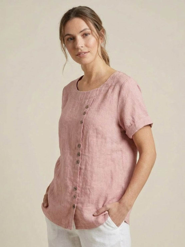 Fern | Damen bluse Kurzarm Rundhals Knopfdetail